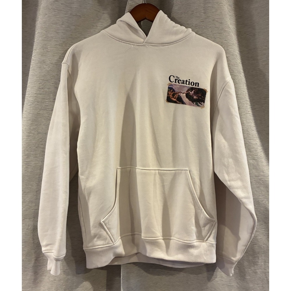 PacSun Hoodie Mens Medium White The Creation Graphic Pullover Los Angeles Fleece
